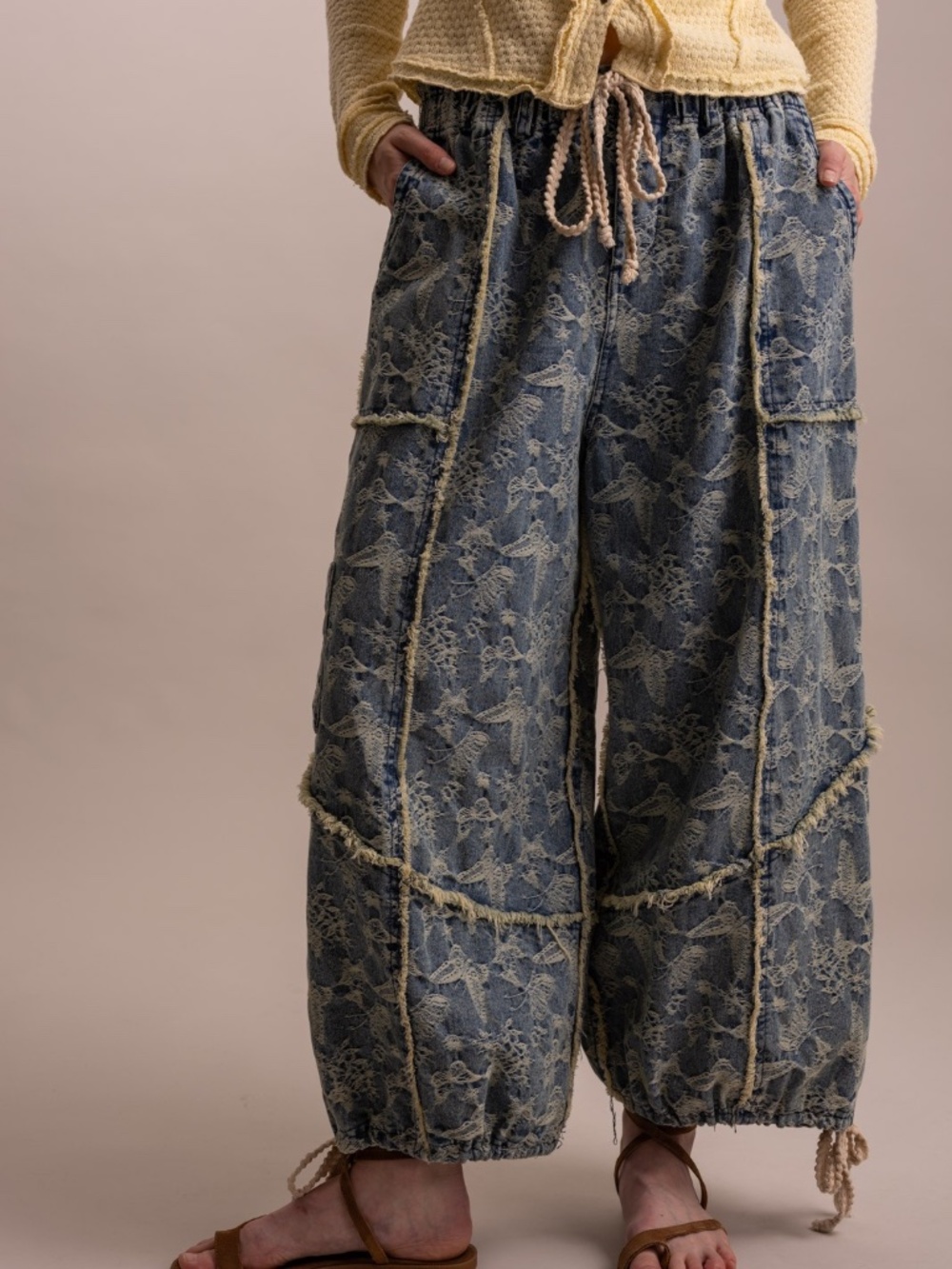 Bluevelvet Dark Wash Butterfly Pattern Multi wear Wide leg Denim Pants - Picture 7 of 7